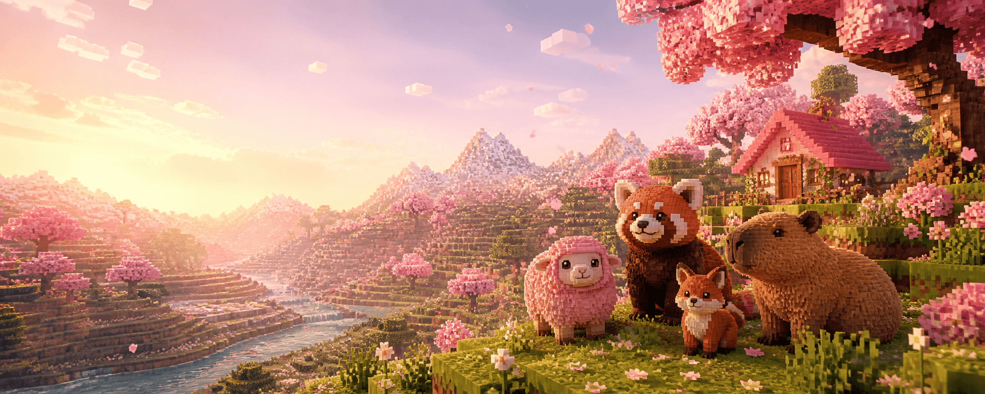 New voxel pets overlooking a cherry blossom valley