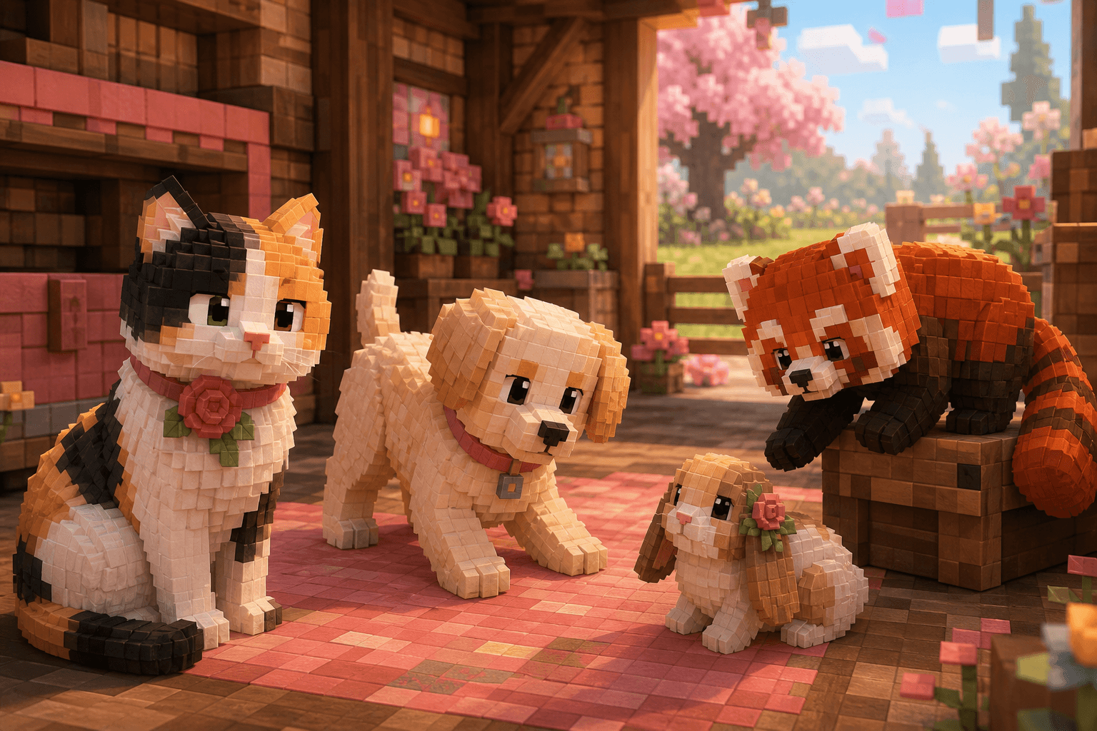 A group of new voxel pets inside a cherry wood barn